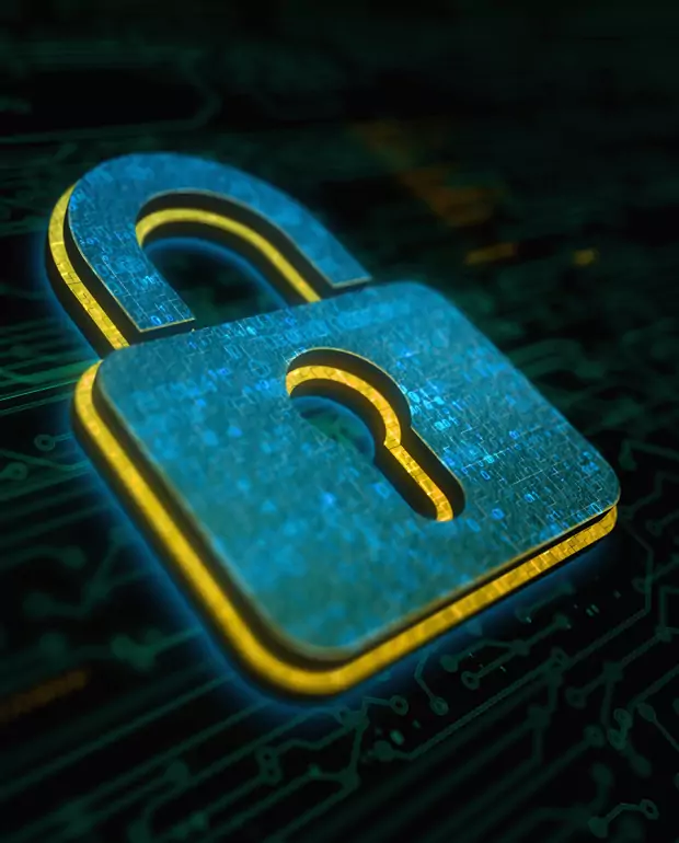 Illustration d'un cadenas numérique bleu sur un fond de circuit électronique.